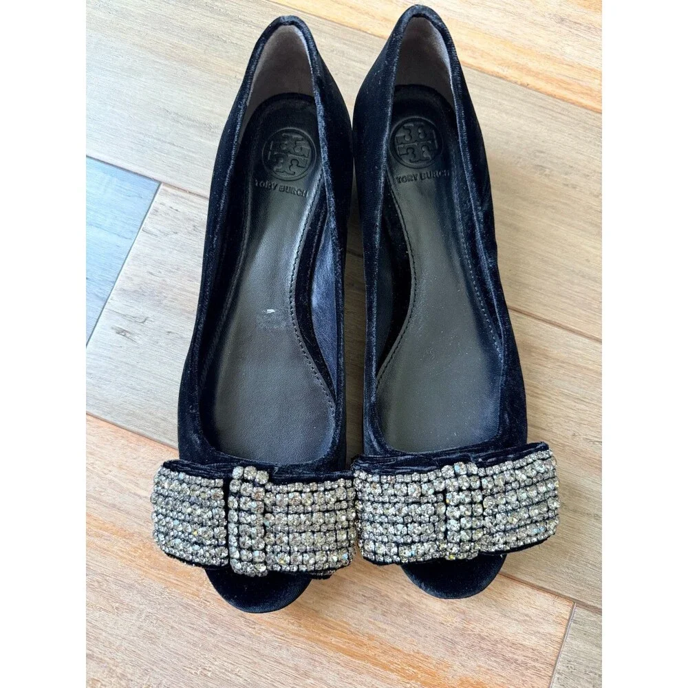 Tory Burch Black Velvet Peep Toe Crystal Bow Flats - Leather Sole - Size 6M